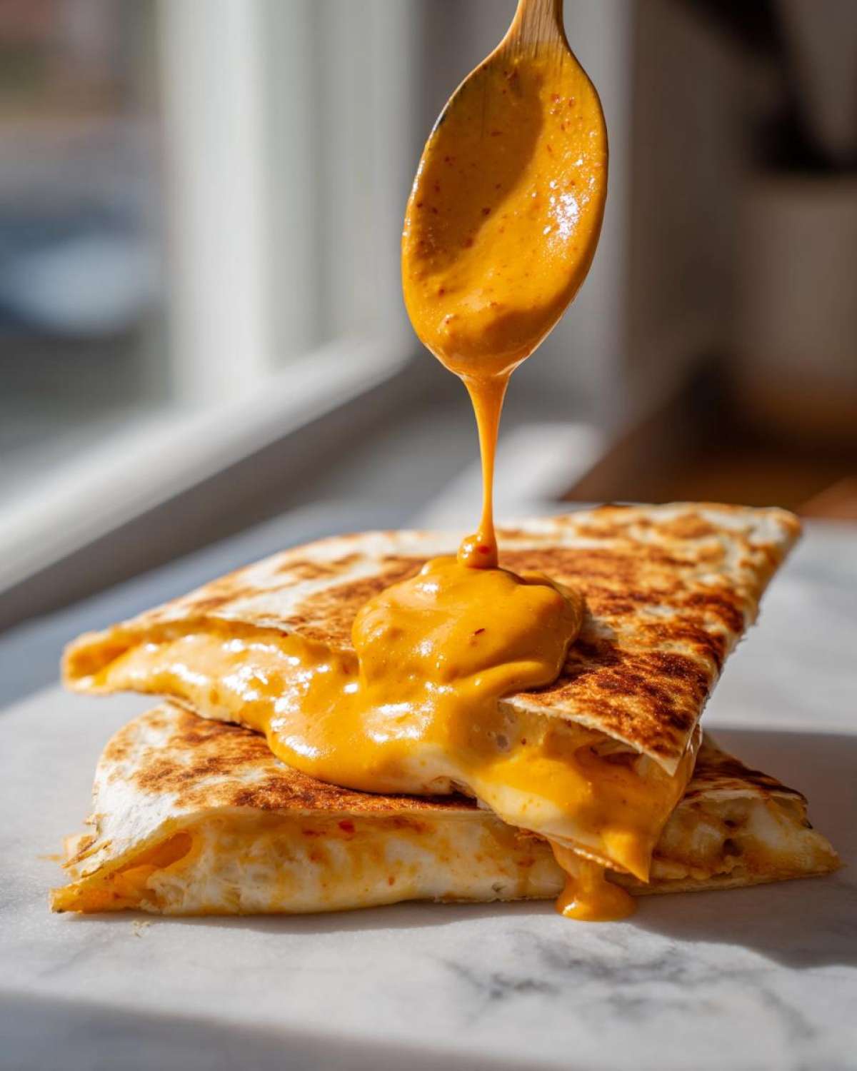 A wooden spoon pours thick, orange Copycat Taco Bell Chicken Quesadilla Sauce over a grilled cheese quesadilla.