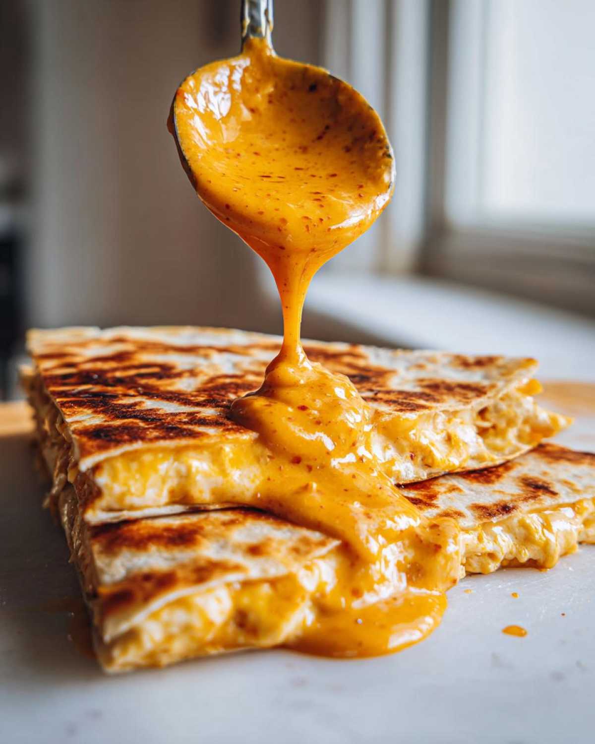 A spoonful of creamy orange Copycat Taco Bell Chicken Quesadilla Sauce being poured over stacked, grilled quesadilla wedges.