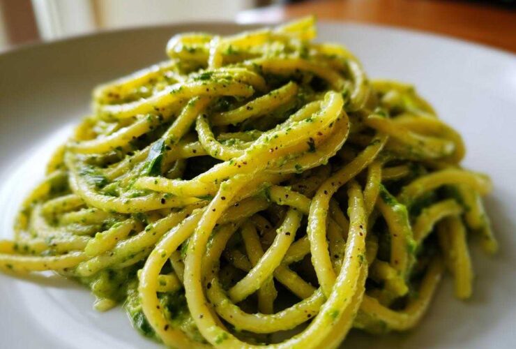 A close-up shot of thick spaghetti coated in bright green, creamy avocado pasta sauce, served on a white plate.