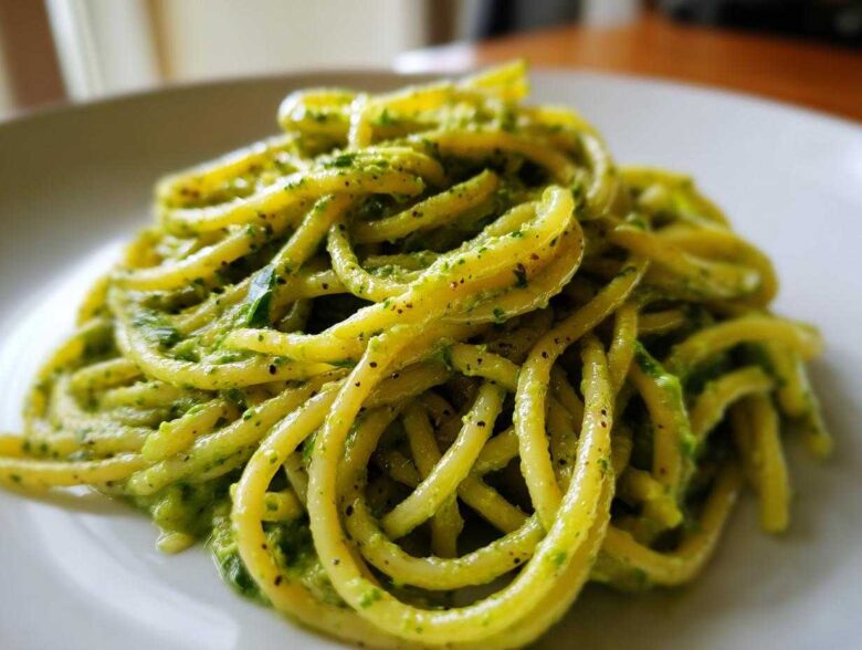 A close-up shot of thick spaghetti coated in bright green, creamy avocado pasta sauce, served on a white plate.