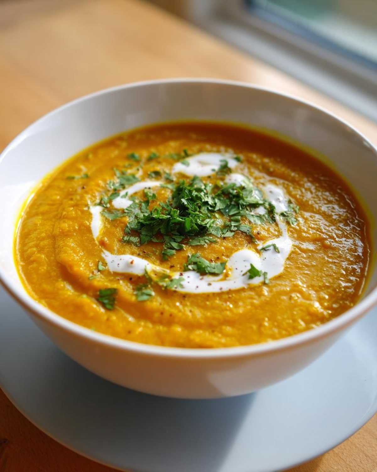 Close-up of a vibrant orange Creamy Coconut Lentil Soup, garnished with a swirl of white cream and fresh chopped cilantro.