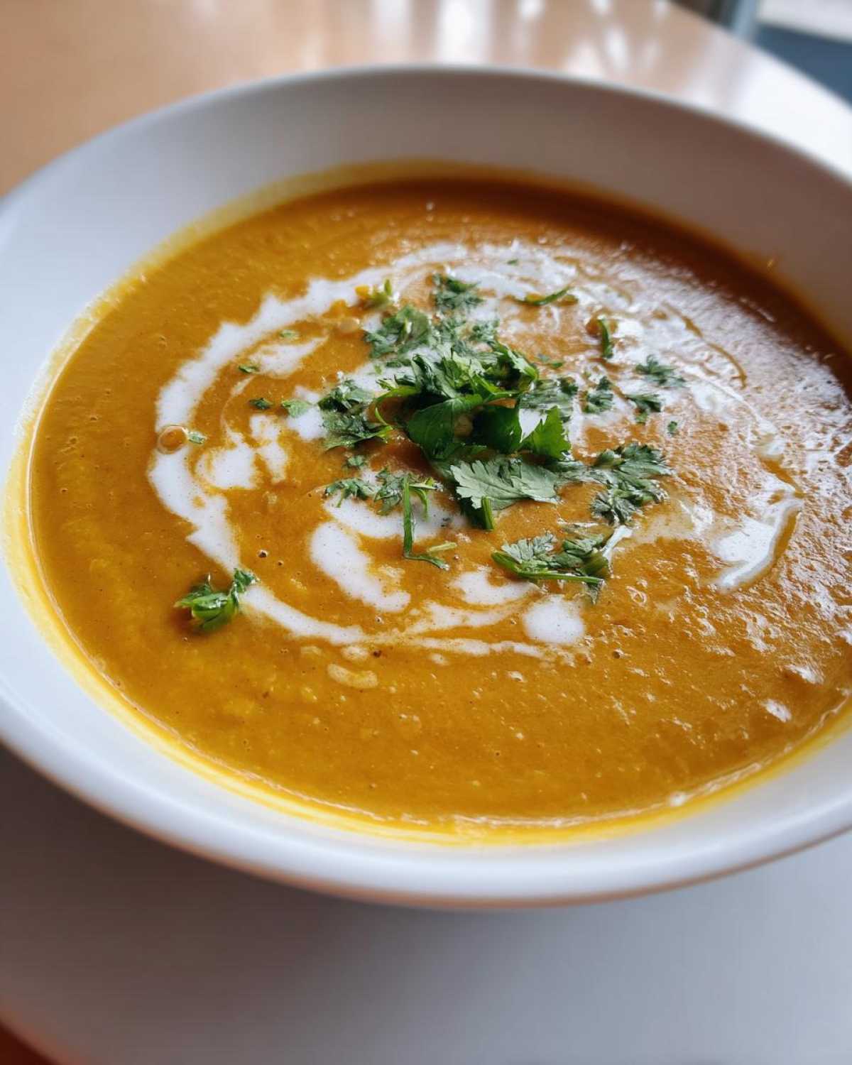 Close-up of vibrant orange Creamy Coconut Lentil Soup swirled with coconut milk and topped with fresh cilantro.