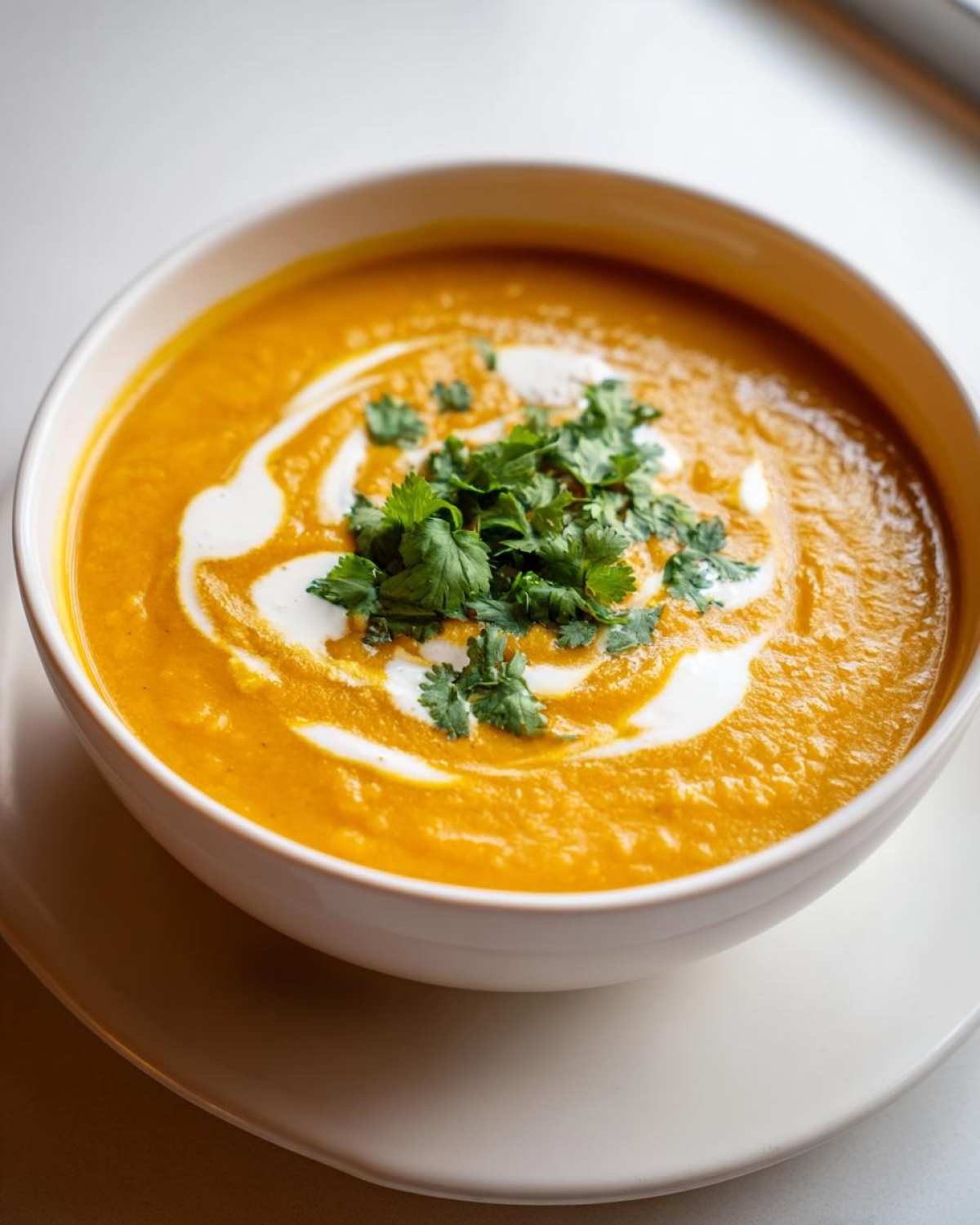 Close-up of a vibrant orange Creamy Coconut Lentil Soup, swirled with coconut cream and topped with fresh cilantro.