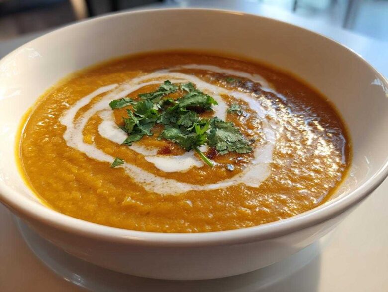 Close-up of a bowl of vibrant orange Creamy Coconut Lentil Soup, swirled with coconut cream and topped with fresh cilantro.