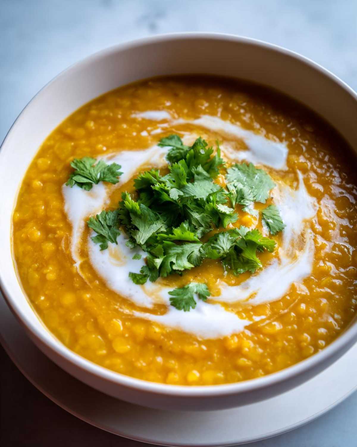 Close-up of vibrant yellow Creamy Coconut Lentil Soup topped with a swirl of coconut milk and fresh cilantro.
