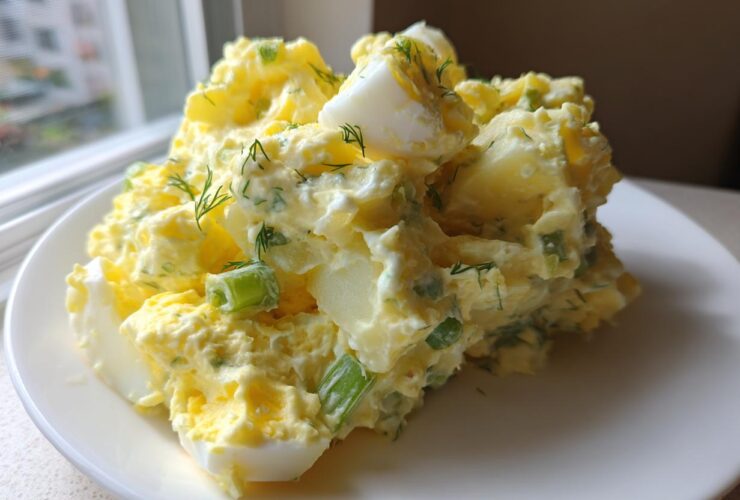A generous mound of Creamy Dill Potato Salad mixed with chopped eggs and green onions on a white plate.