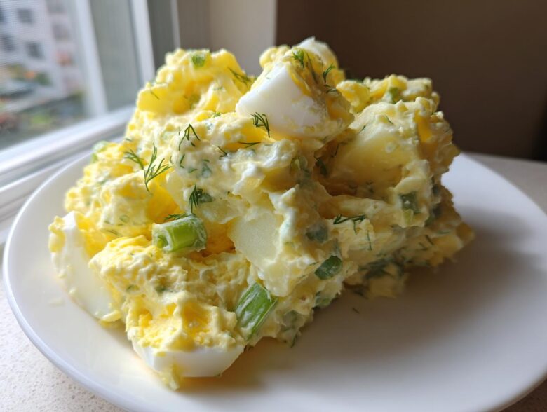 A generous mound of Creamy Dill Potato Salad mixed with chopped eggs and green onions on a white plate.