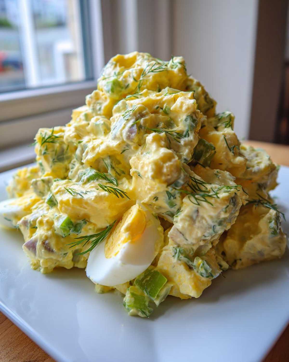 A large mound of Creamy Dill Potato Salad mixed with celery and topped with fresh dill sprigs and hard-boiled egg wedges.