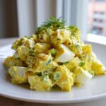 A generous mound of bright yellow Creamy Dill Potato Salad, featuring chunks of potato, egg, and fresh dill garnish.