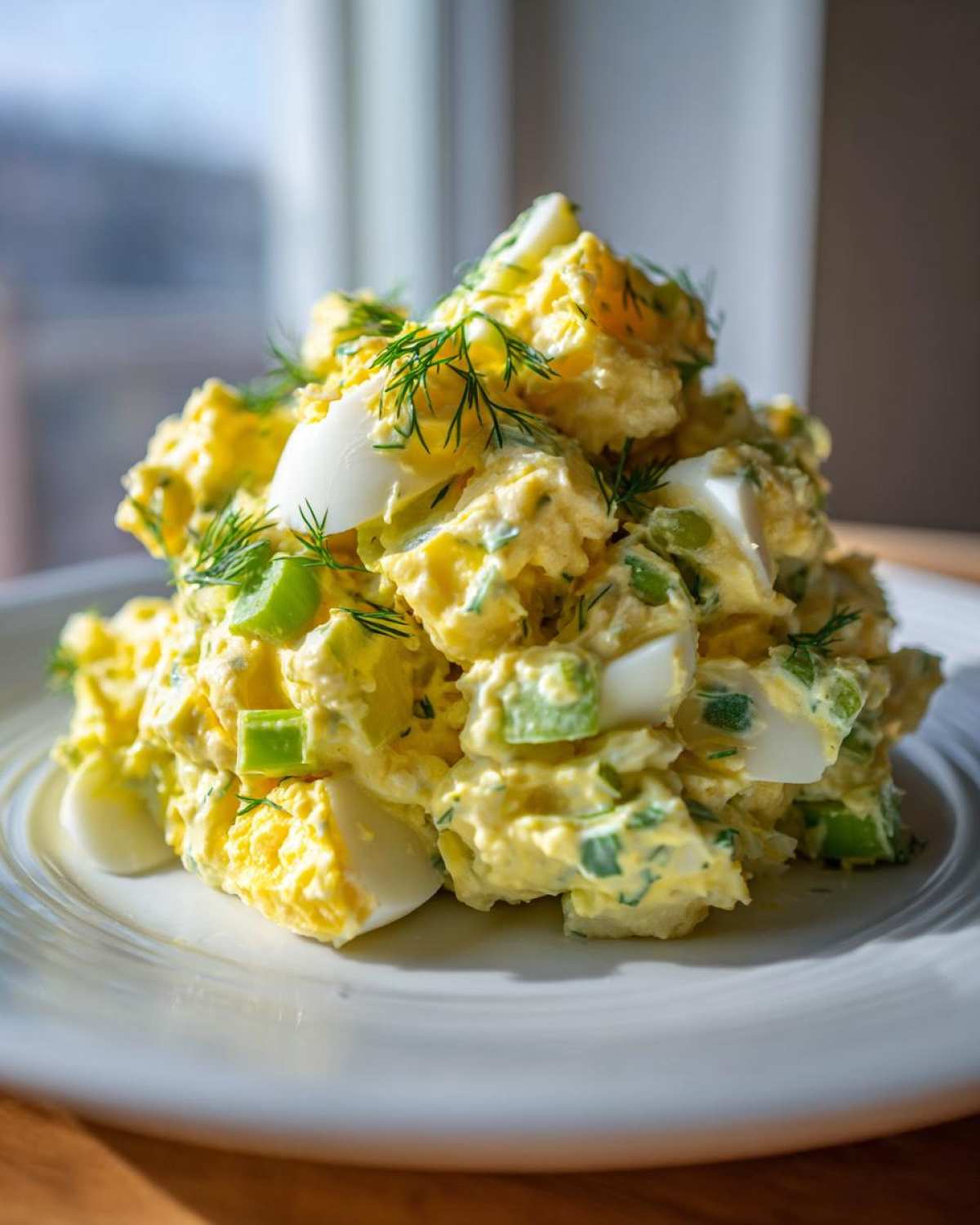 A generous scoop of creamy dill potato salad mixed with chopped celery and hard-boiled eggs, garnished with fresh dill.