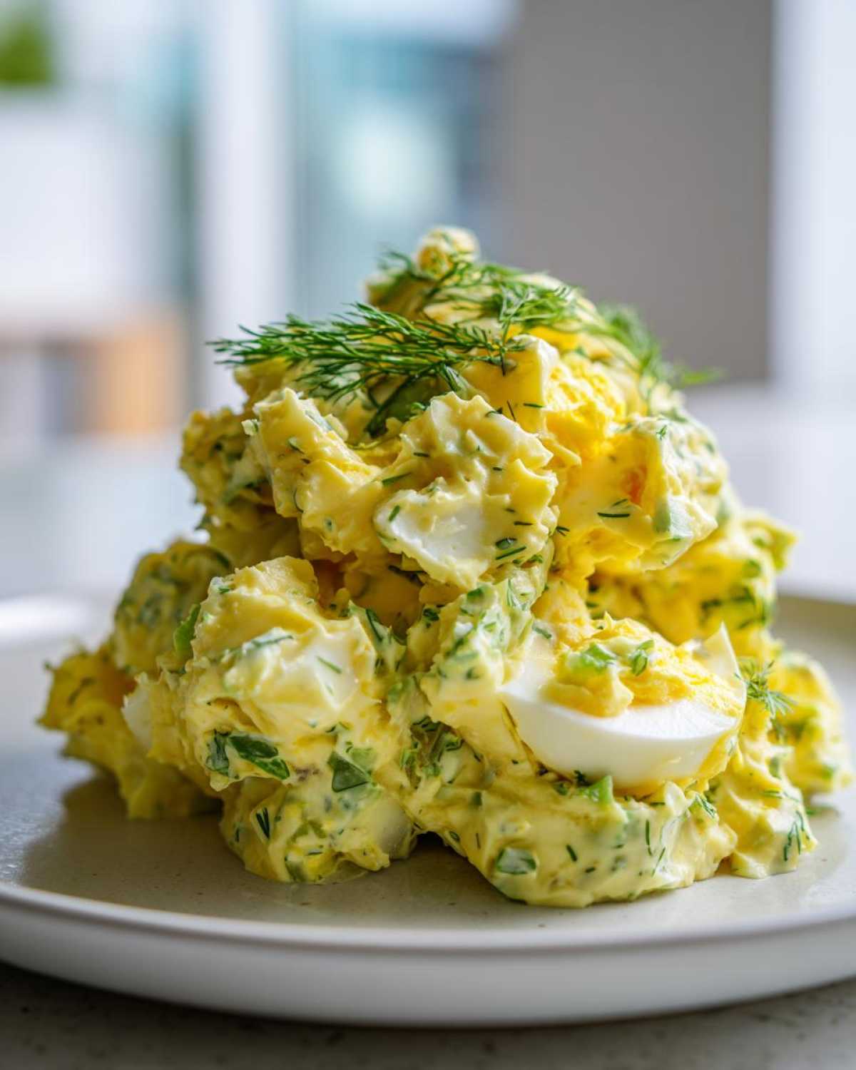 A mound of bright yellow Creamy Dill Potato Salad mixed with chopped eggs and fresh dill, served on a light plate.