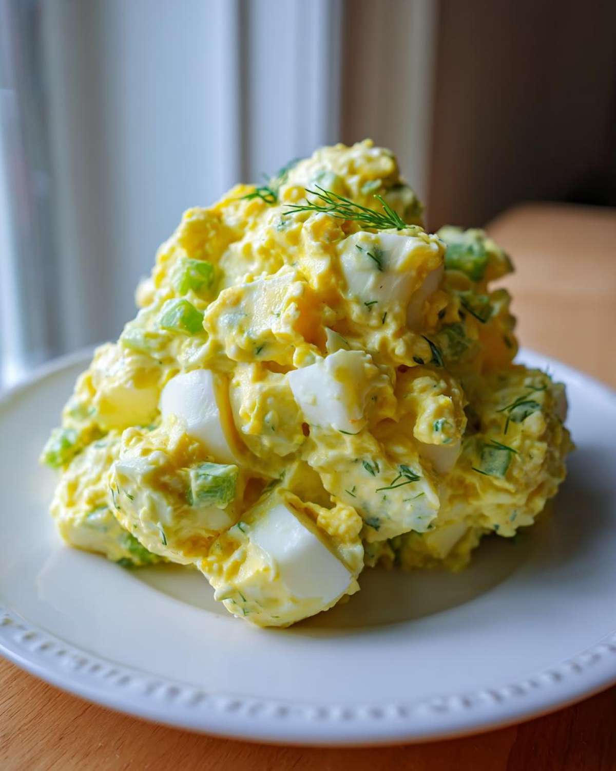 A mound of creamy dill potato salad featuring chunks of egg white, celery, and fresh dill garnish.