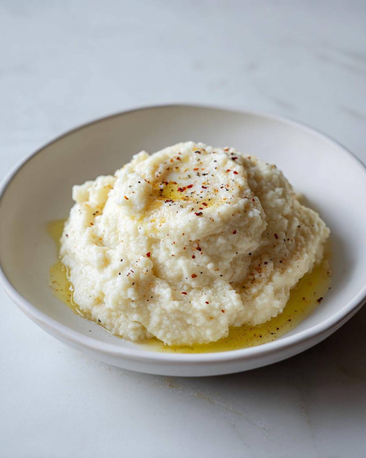 A bowl of fluffy Creamy Garlic Mashed Cauliflower topped with melted butter and red pepper flakes.