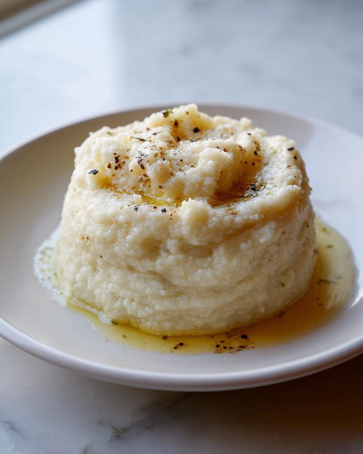 A perfectly molded serving of Creamy Garlic Mashed Cauliflower topped with cracked black pepper and melted butter.