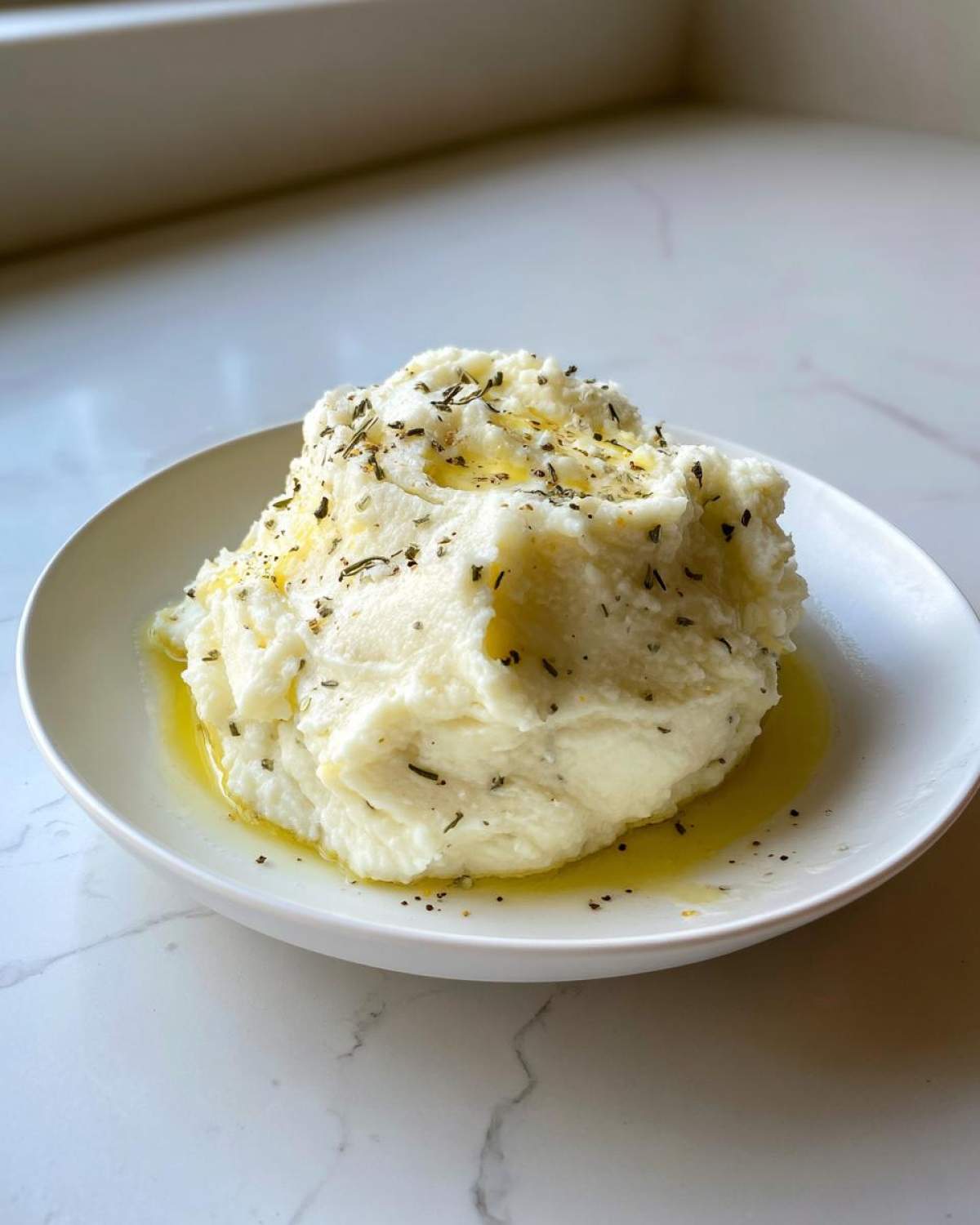 A serving of fluffy Creamy Garlic Mashed Cauliflower topped with herbs and melted butter or oil in a white bowl.
