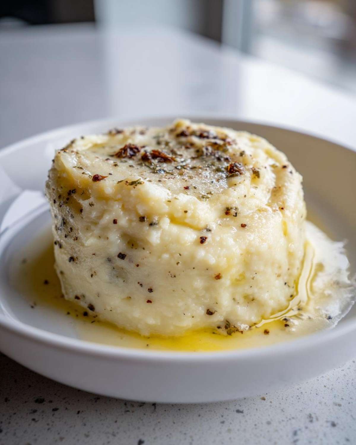 A molded serving of Creamy Garlic Mashed Cauliflower topped with herbs and pepper, sitting in melted butter.