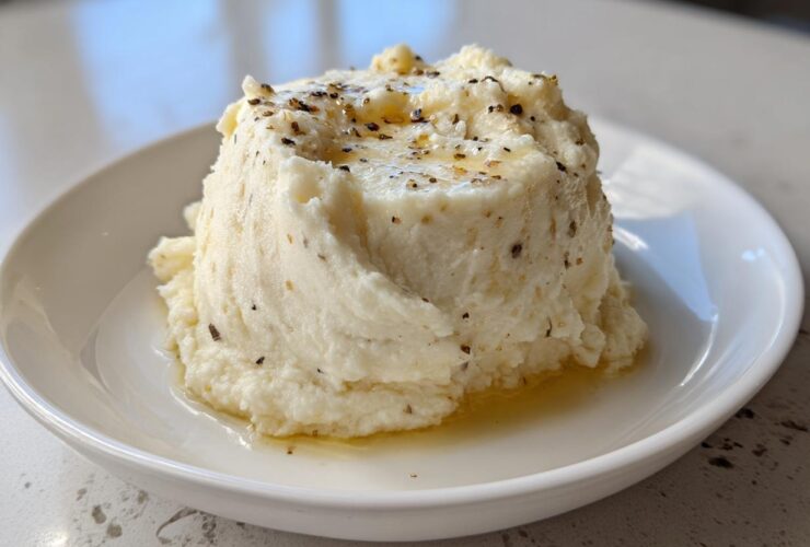 A serving of fluffy Creamy Garlic Mashed Cauliflower topped with melted butter and black pepper.