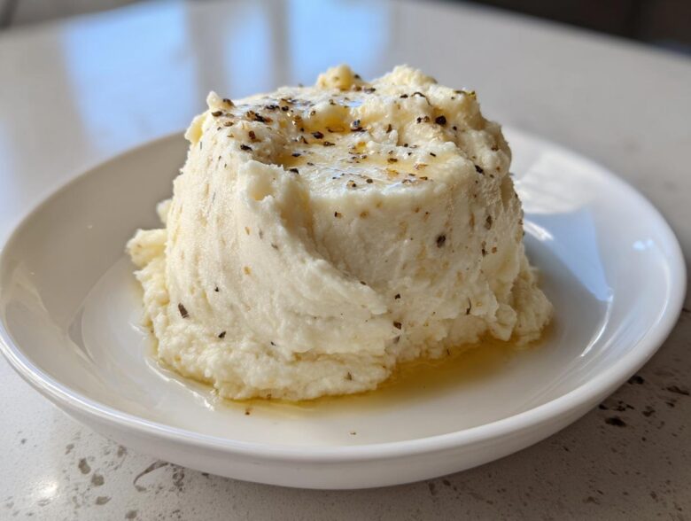 A serving of fluffy Creamy Garlic Mashed Cauliflower topped with melted butter and black pepper.