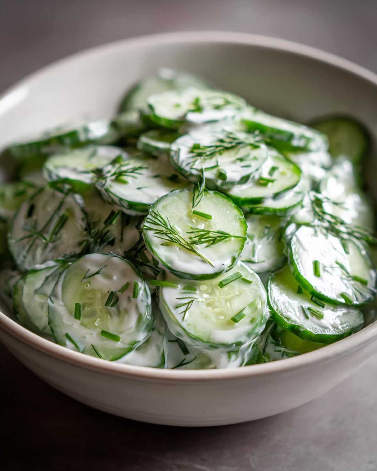 Close-up of thinly sliced cucumbers coated in a creamy dressing, garnished with fresh dill and chives, showcasing the Creamy German Cucumber Salad.