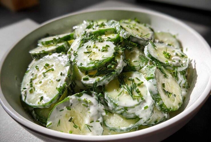 Close-up of thinly sliced cucumbers coated in a creamy dressing and topped with fresh dill and chives in a white bowl, featuring Creamy German Cucumber Salad.