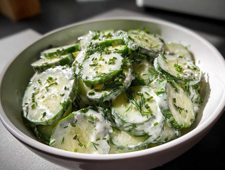 Close-up of thinly sliced cucumbers coated in a creamy dressing and topped with fresh dill and chives in a white bowl, featuring Creamy German Cucumber Salad.