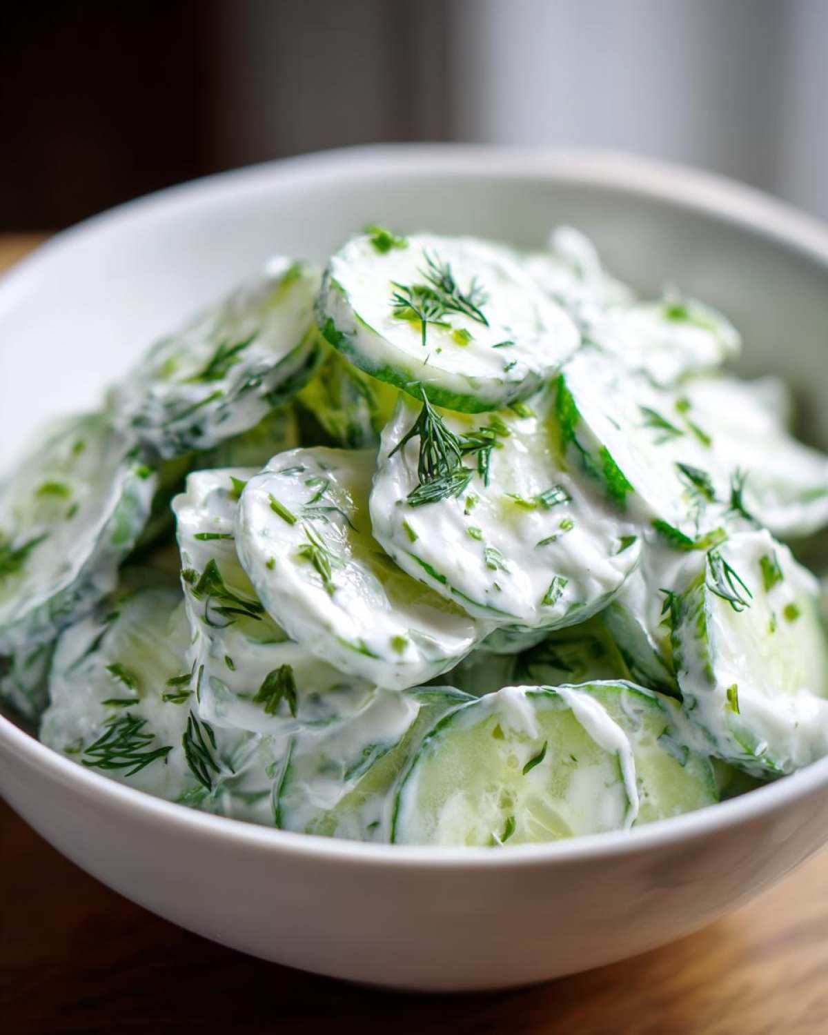 Close-up shot of thinly sliced cucumbers coated in a creamy white dressing and topped with fresh dill, representing Creamy German Cucumber Salad.