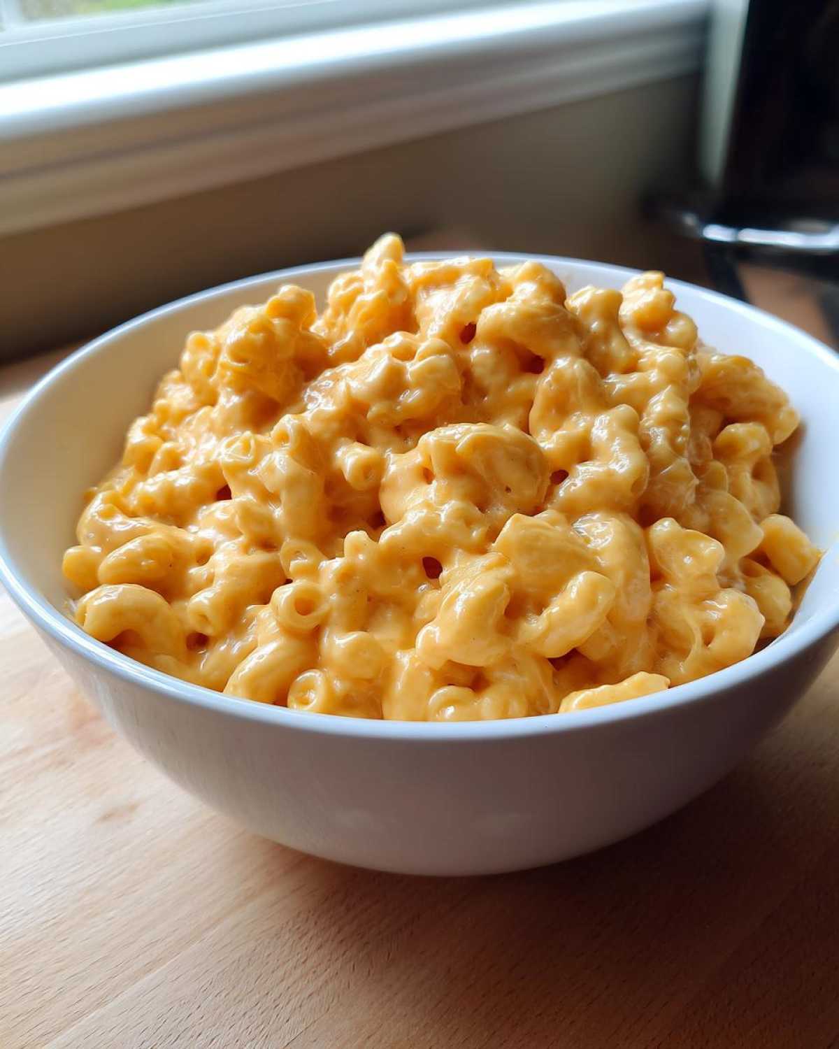 A close-up of a white bowl filled with creamy, bright orange Instant Pot Mac and Cheese.