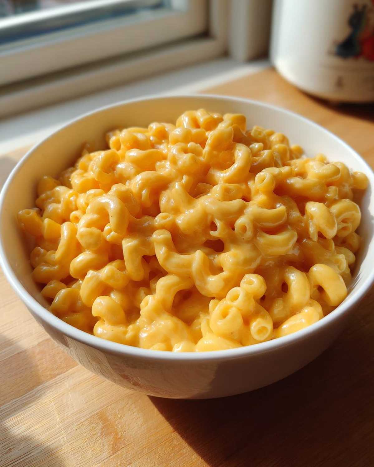 A close-up of a white bowl filled with creamy, bright orange Instant Pot Mac and Cheese.