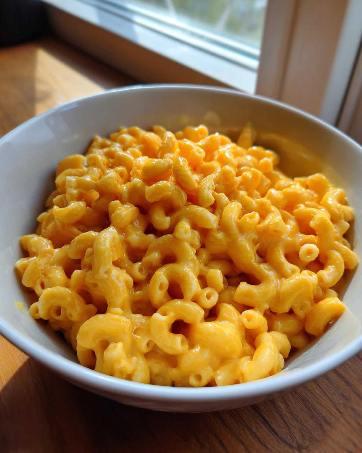 A close-up of creamy, bright orange Instant Pot Mac and Cheese served in a white bowl.