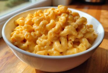 A close-up of creamy, cheesy Instant Pot Mac and Cheese served in a white bowl on a wooden surface.