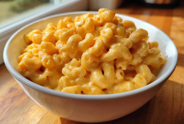A close-up of creamy, cheesy Instant Pot Mac and Cheese served in a white bowl on a wooden surface.