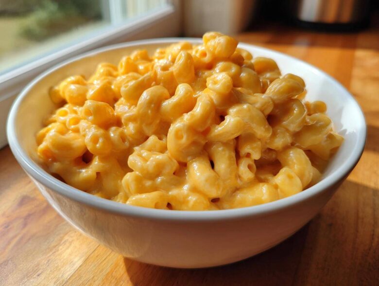 A close-up of creamy, cheesy Instant Pot Mac and Cheese served in a white bowl on a wooden surface.