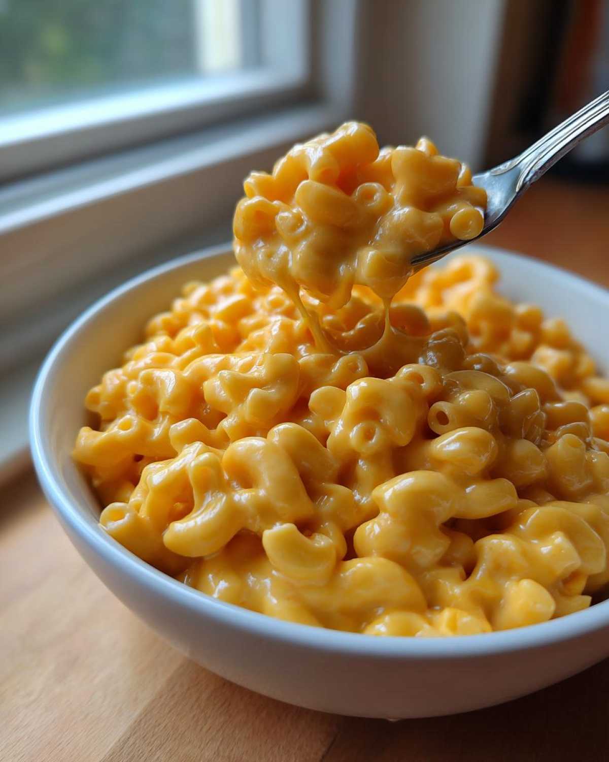 A fork lifting a generous serving of creamy, cheesy Instant Pot Mac and Cheese from a white bowl.