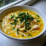 Close-up of a white bowl filled with Creamy Lemon Chicken Orzo Soup, topped with shredded chicken and fresh parsley.