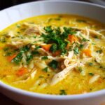 A close-up view of a bowl filled with rich, yellow Creamy Lemon Chicken Orzo Soup, topped with shredded chicken, carrots, and fresh parsley.