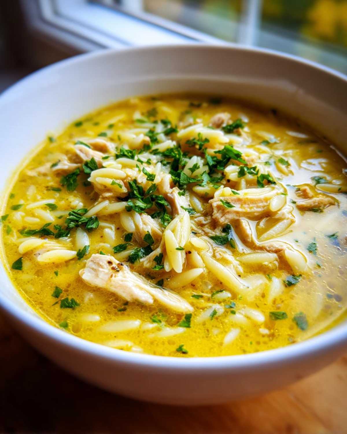 Close-up of a white bowl filled with rich, yellow Creamy Lemon Chicken Orzo Soup, topped with shredded chicken and fresh parsley.