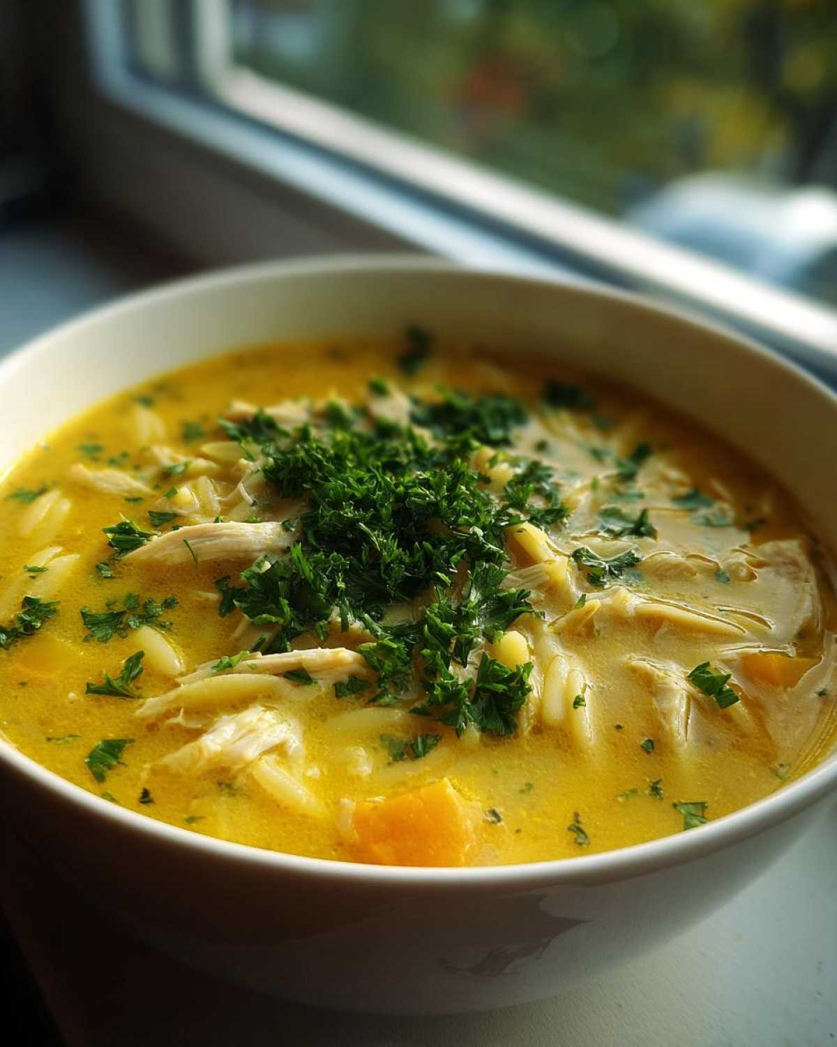 Close-up of a white bowl filled with creamy lemon chicken orzo soup, topped generously with fresh parsley.