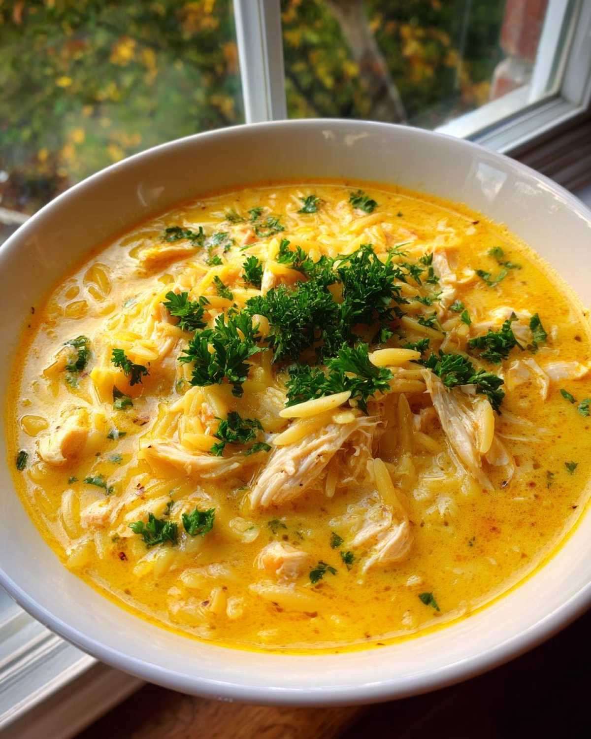 Close-up of rich, yellow Creamy Lemon Chicken Orzo Soup topped with shredded chicken and fresh parsley.