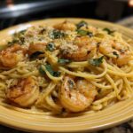 A close-up of delicious Creamy Lemon Garlic Shrimp Pasta topped with seared shrimp and grated cheese.