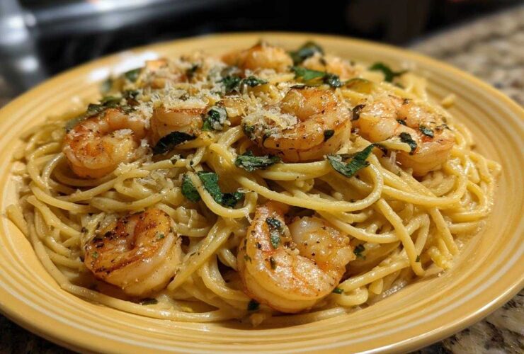 A close-up of delicious Creamy Lemon Garlic Shrimp Pasta topped with seared shrimp and grated cheese.