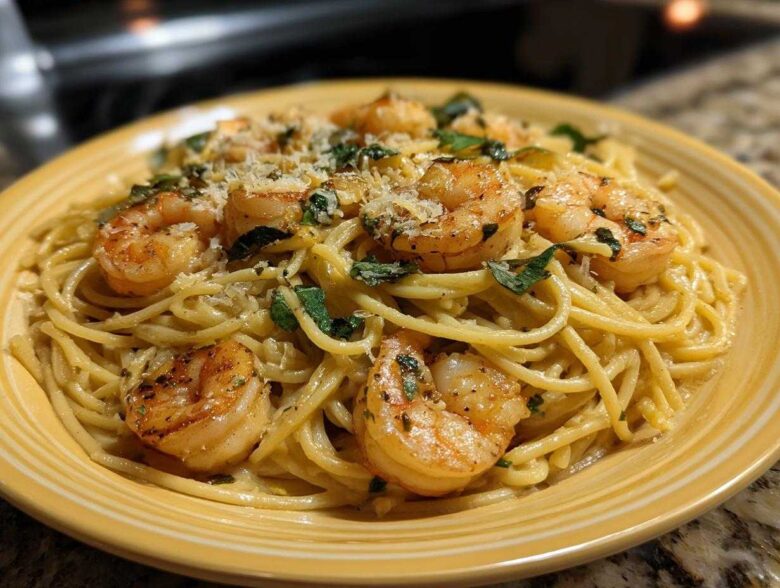 A close-up of delicious Creamy Lemon Garlic Shrimp Pasta topped with seared shrimp and grated cheese.