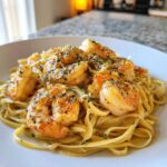 A close-up of a white plate filled with Creamy Lemon Garlic Shrimp Pasta, topped with seasoned shrimp and parsley.