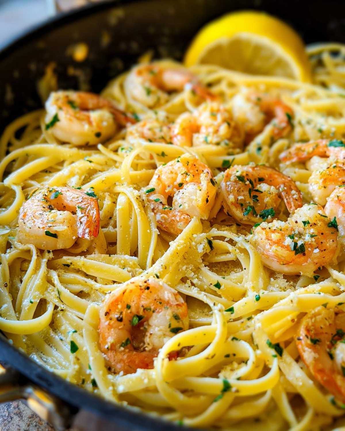 Close-up of fettuccine pasta tossed in a creamy sauce with seasoned shrimp, garnished with parsley, for Creamy Lemon Garlic Shrimp Pasta.
