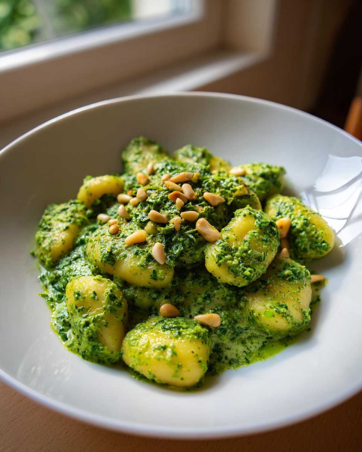 Close-up of tender potato gnocchi coated in vibrant green creamy pesto sauce and topped with toasted pine nuts.