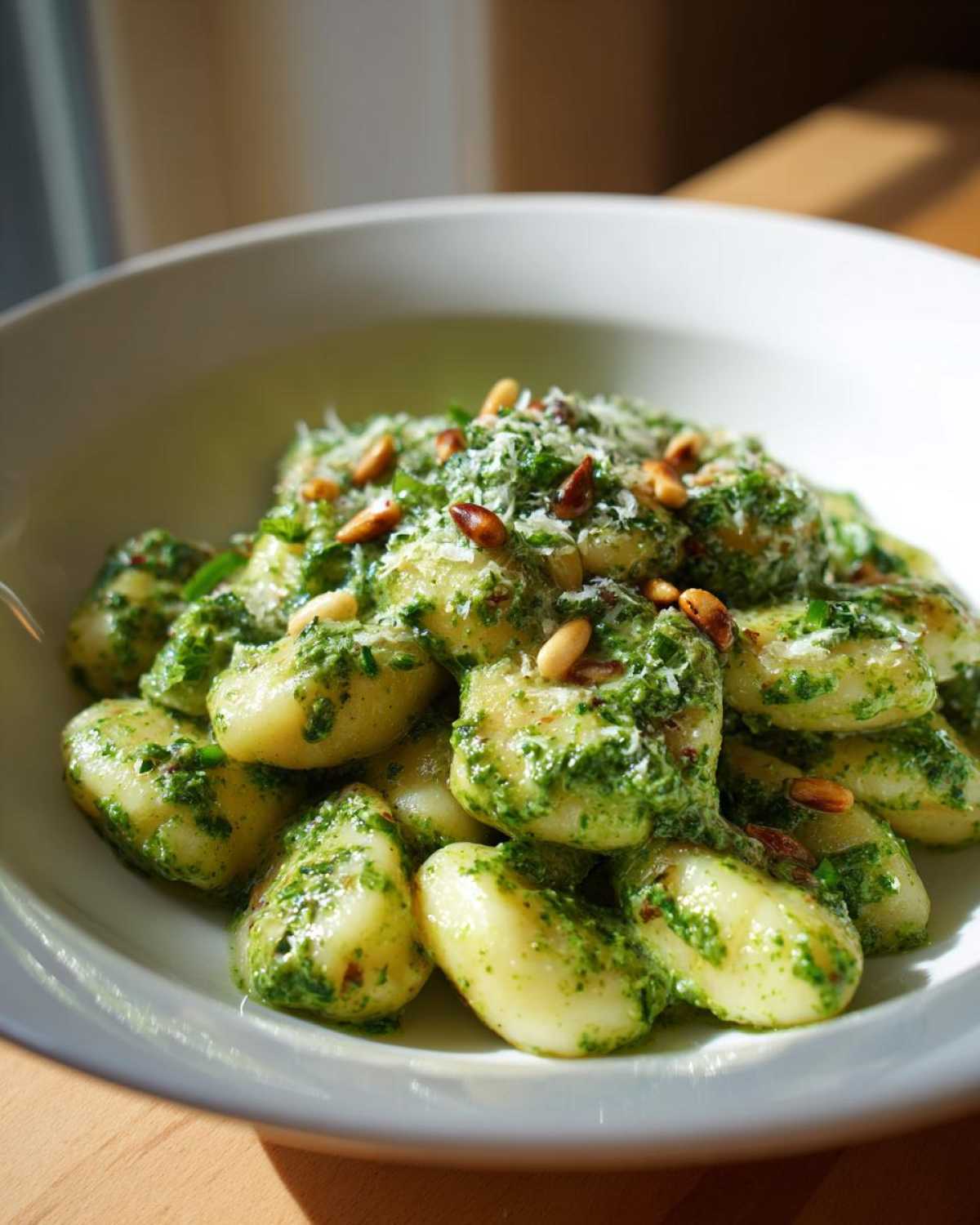 A bowl of tender gnocchi coated in vibrant green pesto sauce, topped with grated cheese and toasted pine nuts for Creamy Pesto Gnocchi.