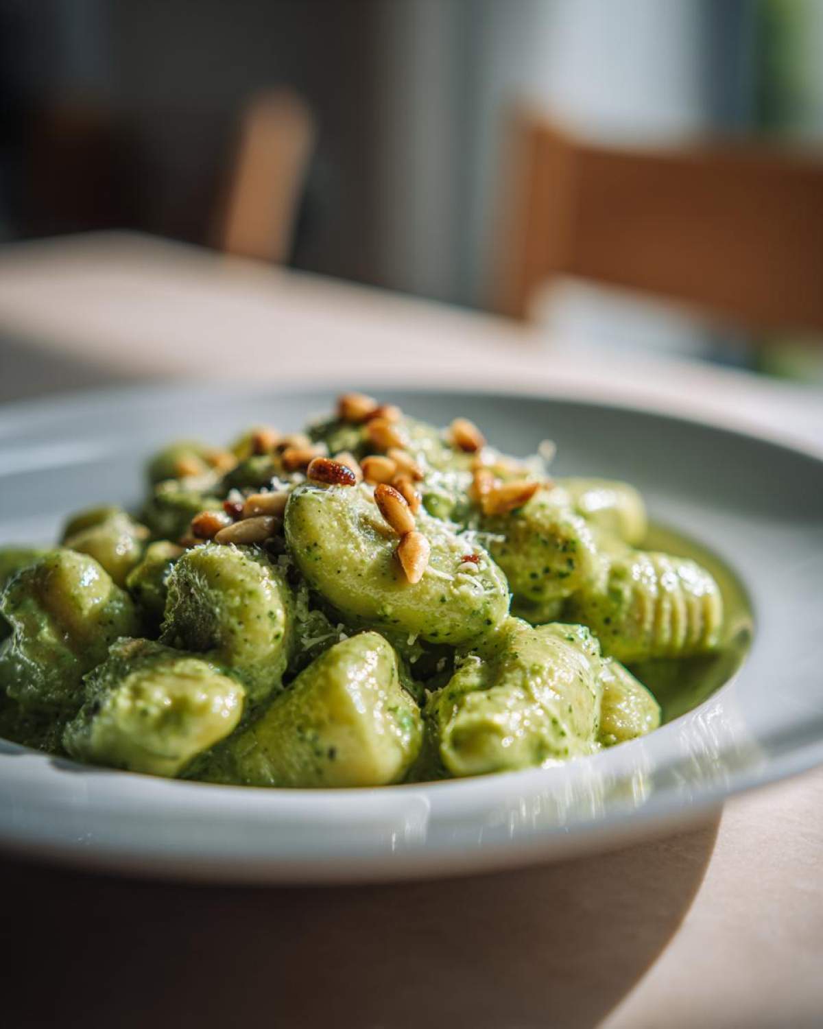 A close-up, appetizing shot of Creamy Pesto Gnocchi coated in vibrant green sauce and topped with toasted pine nuts.