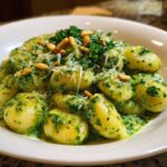 A close-up of fluffy gnocchi coated in a vibrant, creamy pesto sauce, garnished with pine nuts and grated Parmesan.