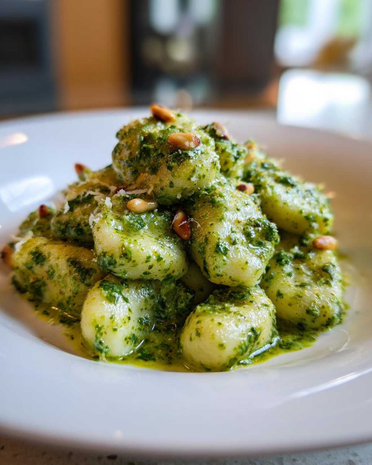 Close-up of fluffy gnocchi coated in vibrant green pesto sauce, topped with pine nuts.