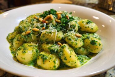 A close-up of fluffy gnocchi coated in a vibrant, creamy pesto sauce, garnished with pine nuts and grated Parmesan.