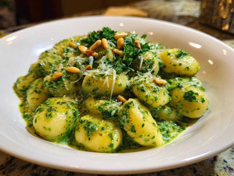 A close-up of fluffy gnocchi coated in a vibrant, creamy pesto sauce, garnished with pine nuts and grated Parmesan.